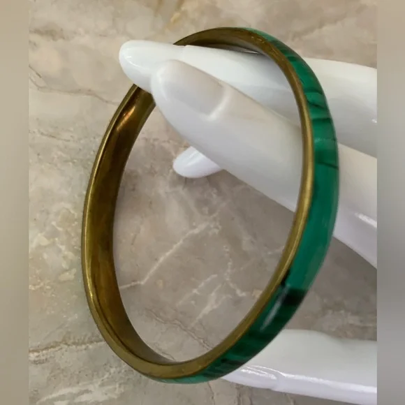 Green Malachite Inlay Brass Bangle Bracelet - Picture 5 of 8